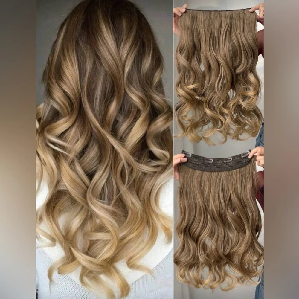 20” Human Hair Blend Clip-In Extensions – Wavy Natural Brown with Caramel Ombre